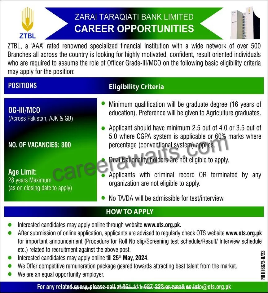 Job Vacancy Zarai Taraqiati Bank Limited