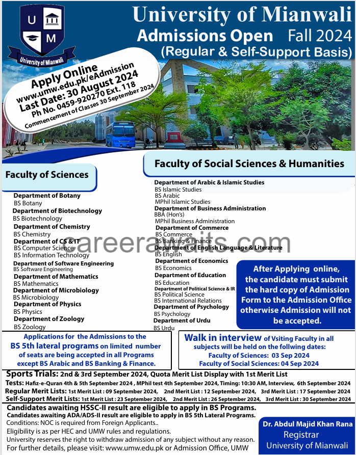 University of Mianwali 2024 Admissions Advertisement