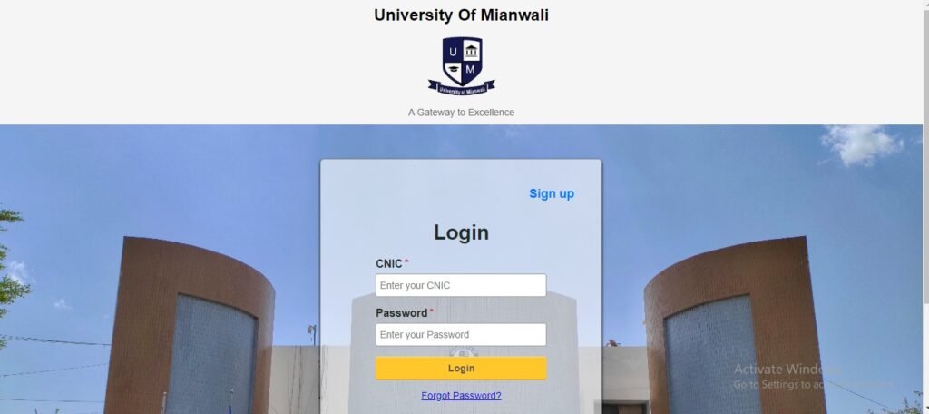 University of Mianwali Login Page for Online Admission Portal