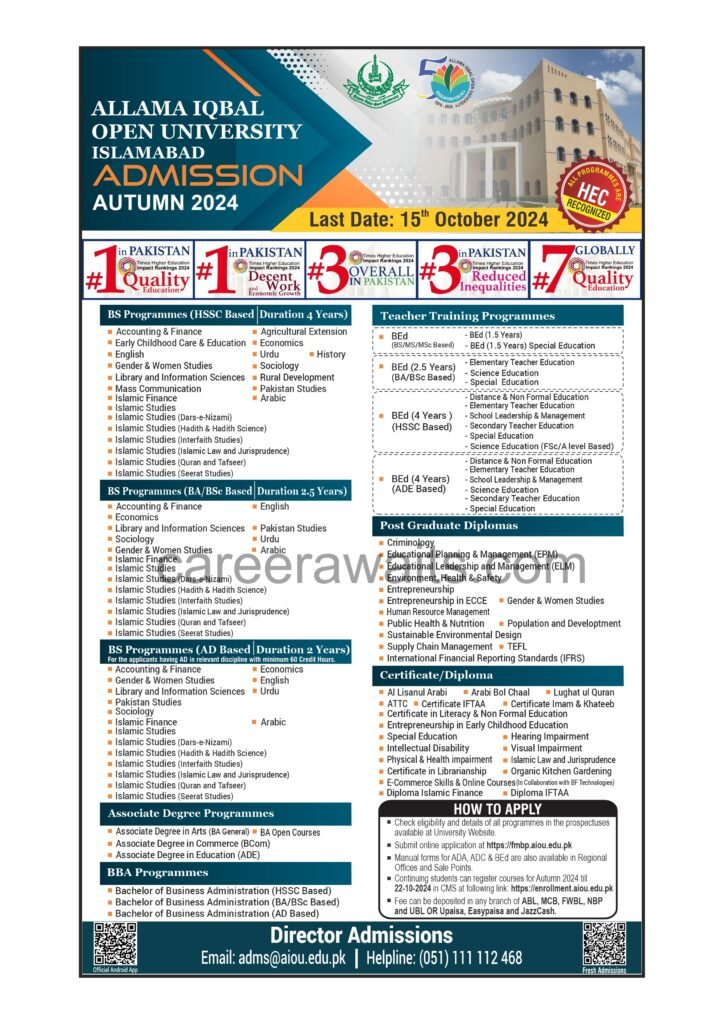 AIOU Autumn 2024 admissions banner showing program details and application deadlines.